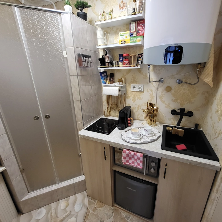 Compact kitchenette next to modern shower in Jázmin Apartment Debrecen micro loft studio with induction cooktop, Nespresso coffee machine and mini fridge