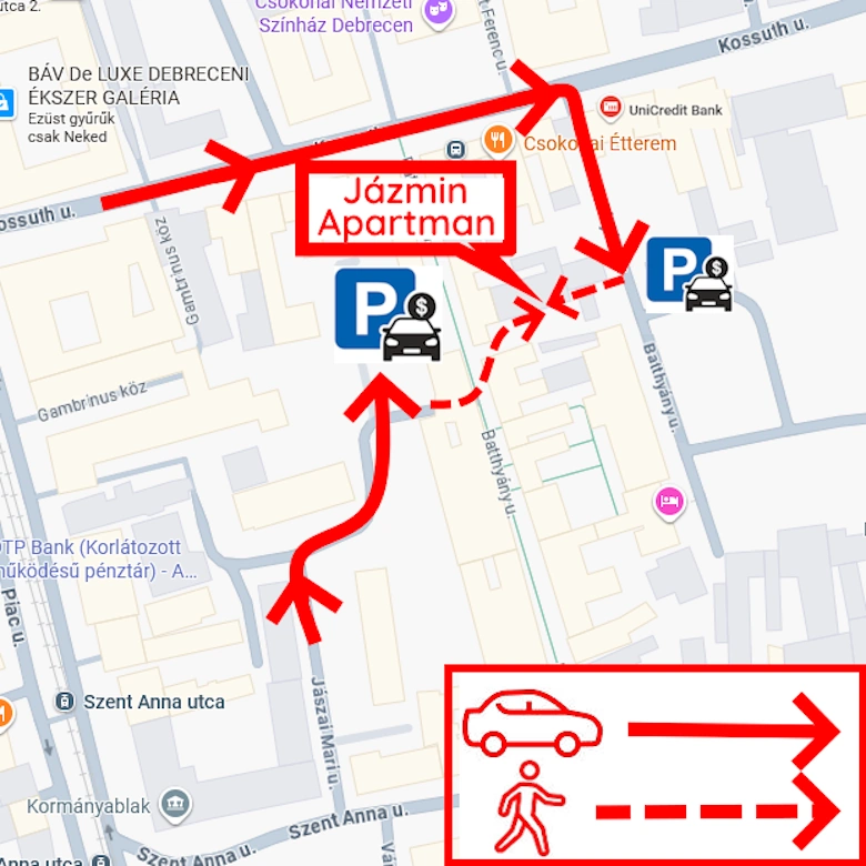 Map showing how to reach Jázmin Apartment in Debrecen city center with parking and walking directions