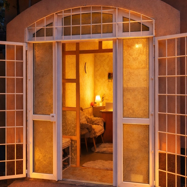 Private entrance of Jázmin Apartment Debrecen with warm evening lighting and courtyard access.